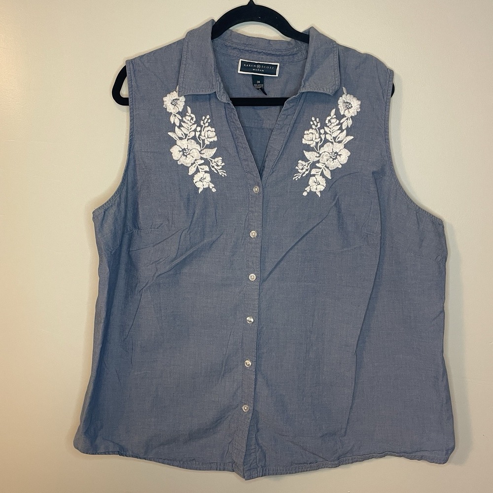 Karen Scott Woman Button Up Top Sleeveless Plus Size 3X‎ Embroidered Floral Blue